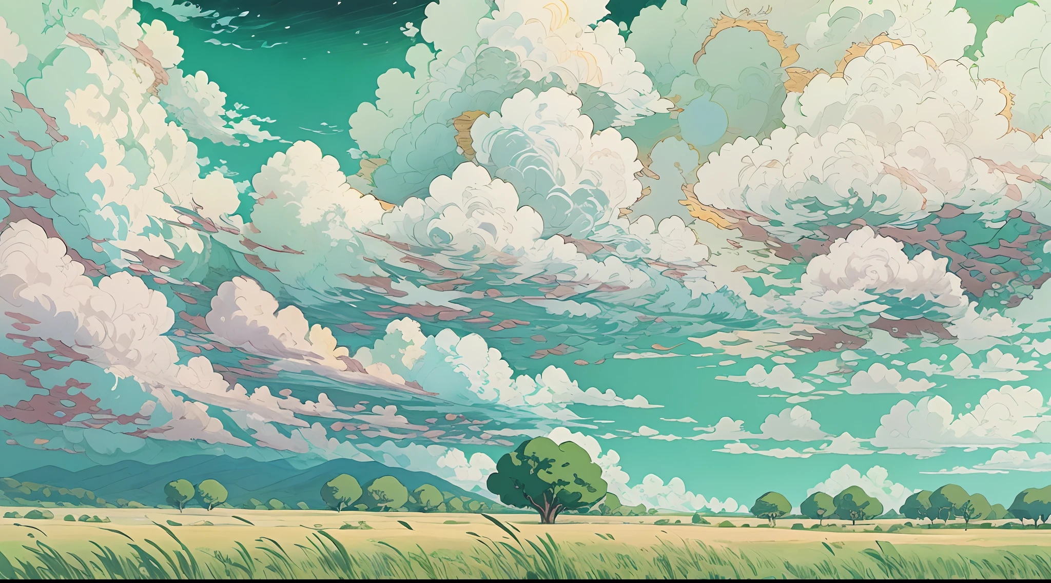 réaliste, authentique, belle et étonnante peinture à l&#39;huile de paysage Studio Ghibli Hayao Miyazaki&#39;Prairie de pétales avec ciel bleu et nuages blancs --v6