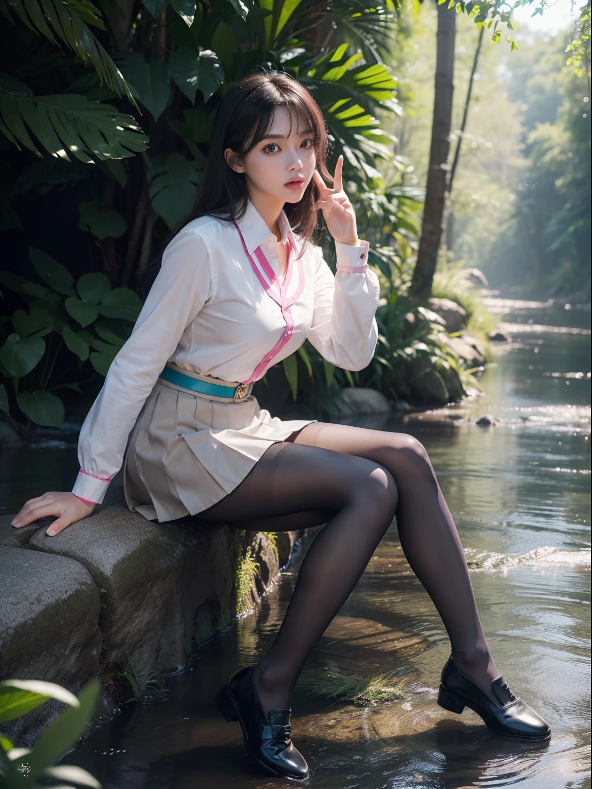 (full body:2)，(1girl:1.3),(view the viewer:1.4)，(anatomy correct:1.45),(Sitting by the creek, Make a heart to heart gesture with both hands:1.35),(Reflective carbon fiber pantyhose:1.4),(A mature and sensual woman Wear printed fantasy colorful JK student uniform pleated skirt and polished JK uniform leather shoes :1.35)，(A woman with large buttocks, breasts, and a slender waist:1.4), (Light particle effect:1.3),(In pink | amarelo | blue colors| green color |red color | white colors| black in color| purplish color| greys| Beige| Flesh color 1.4)，(Glowing eyes:1.3),(Large amplitude action: 1.3)，(Accurate and perfect face:1.4),hyper HD, Ray traching, reflective light，structurally correct, Award-Awarded, high detail, lighten shade contrast, Face lighting ，cinmatic lighting, masterpiece, super detailing, high quality, high detail, best quality, 16k，High contrast,