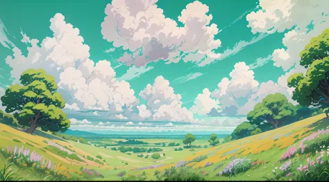 Realistic, authentic, beautiful and amazing landscape oil painting Studio Ghibli Hayao Miyazaki&#39;s petal grassland with blue sky and white clouds --v6