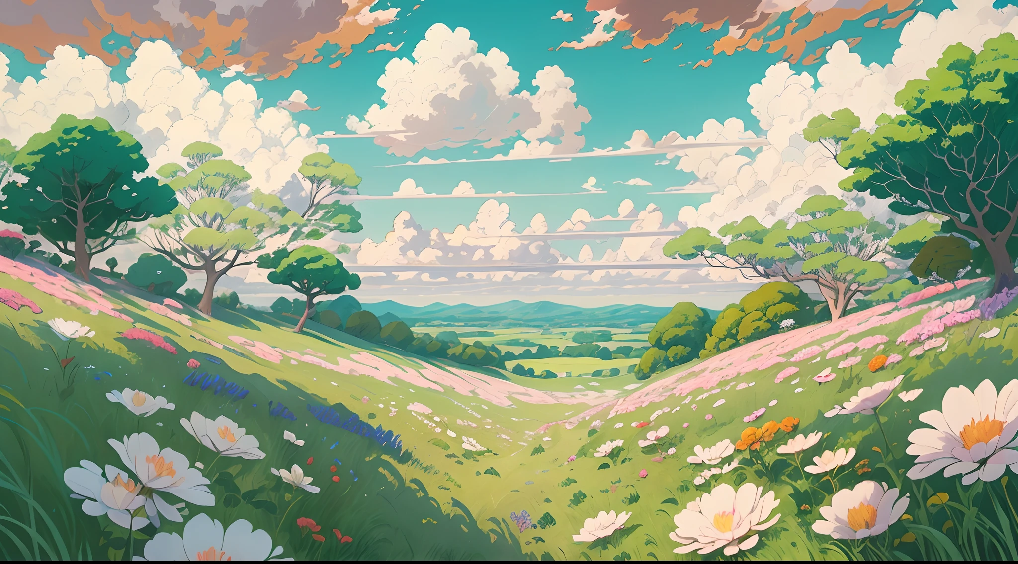 realistisch, authentisch, wunderschönes und erstaunliches Landschaftsölgemälde Studio Ghibli Hayao Miyazaki&#39;Blütenblatt-Grasland mit blauem Himmel und weißen Wolken --v6