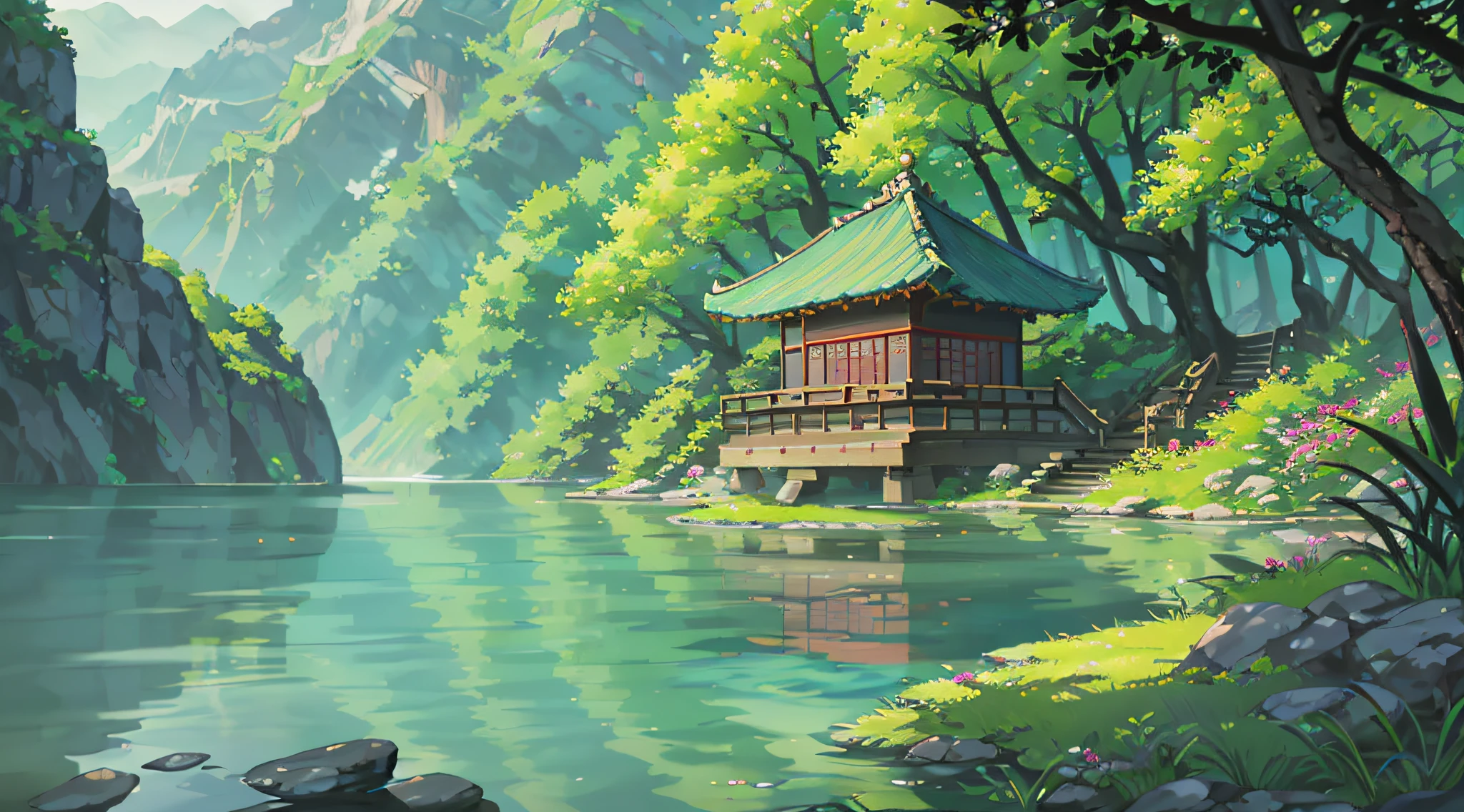 Chinese ancient times, spring, jungle, lake, cave, waterfall, tree, meadow, rock, deer, hot spring, water vapor, (illustration: 1.0), epic composition, realistic lighting, HD details, masterpiece, best quality, (very detailed CG unified 8k wallpaper)