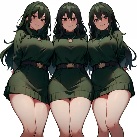 setsuna tokage, 3girls, trio, long hair, breasts, looking at viewer, smile, large breasts, simple background, black hair, white background, dress, hair between eyes, jewelry, green hair, belt, necklace, grin, black eyes, sweater, bags under eyes, sweater d...