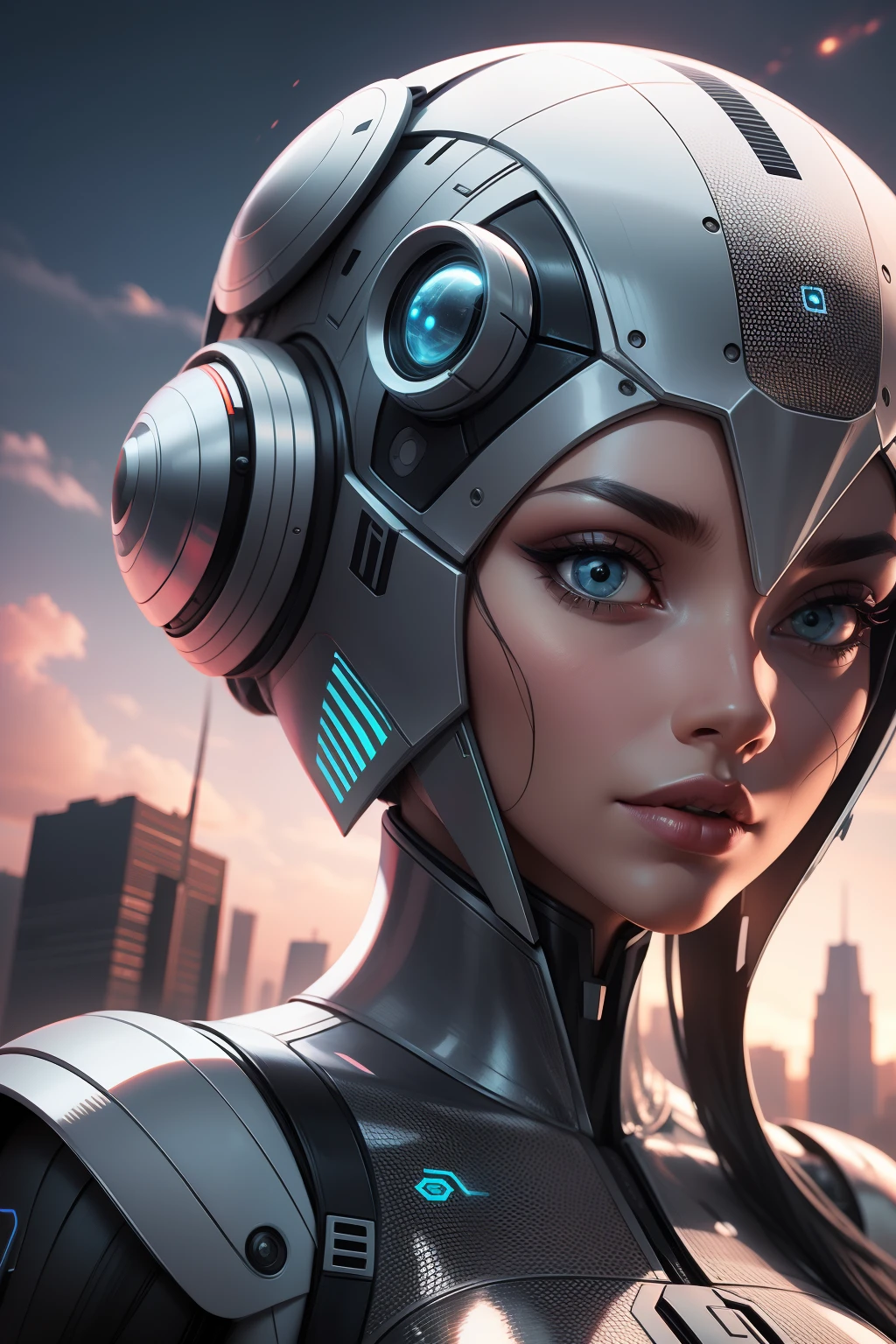 외계인이 좋다 , 1girl 미래 지향적인 얼굴과 머리에 삼각형이 있는 여성 로봇, 배경에 미래의 건물, 고대비, 매우 상세한, 8K HDR