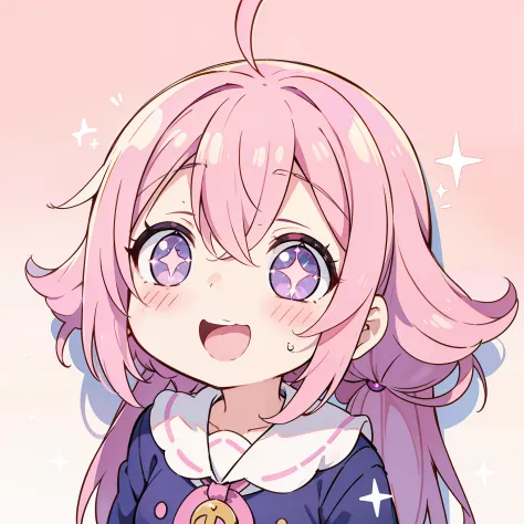 Loli, pink hair, purple eyes, cum in mouth, stuck in wall, blowjob, happy, sparkling eyes