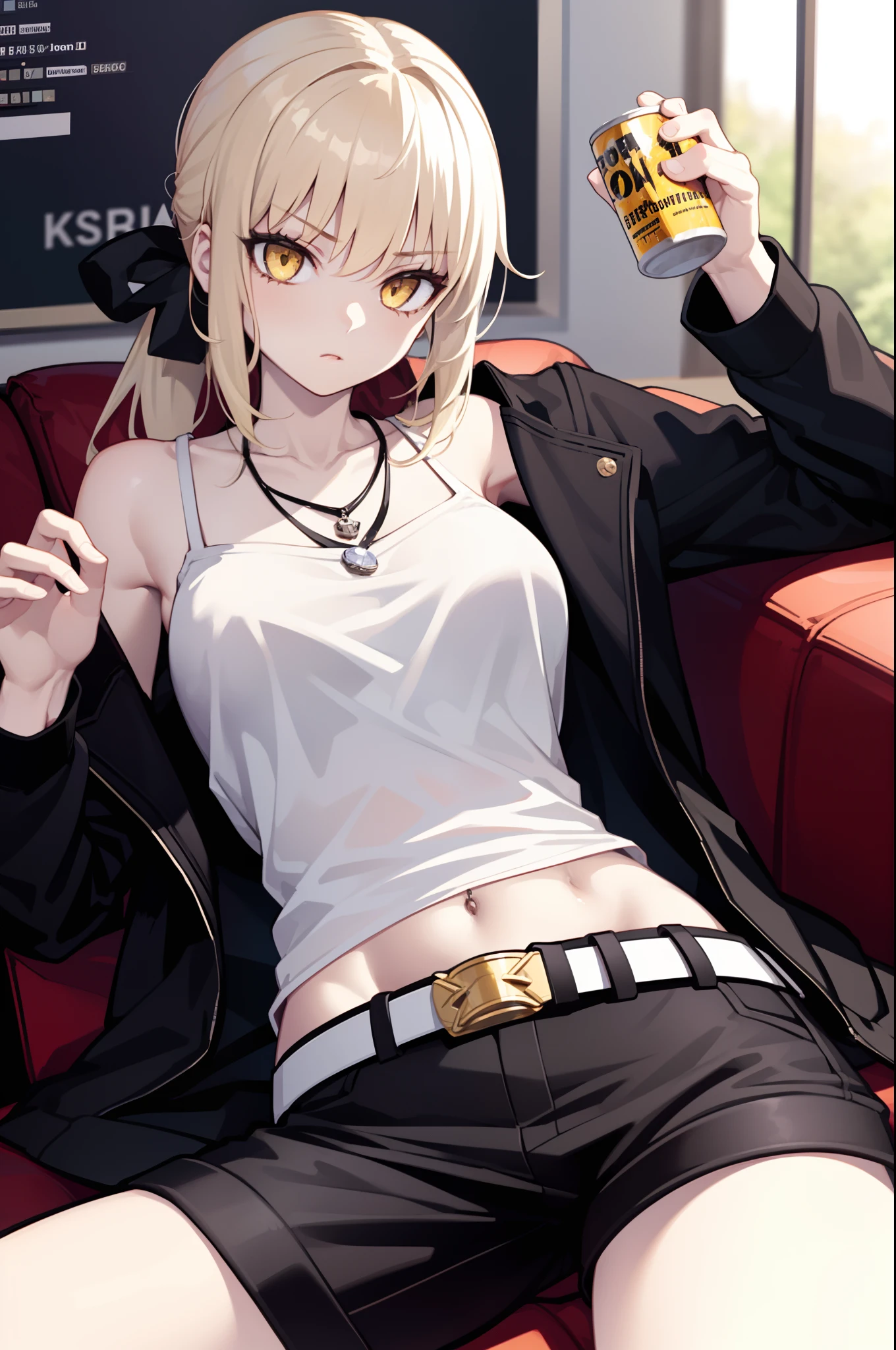 masterpiece,best quality, 1girl, solo,pale skin, blonde hair,yellow eyes,sabaltblack, long hair, ponytail, hair ribbon, black jacket, white shirt, black shorts, short shorts, belt, jewelry, necklace,sitting ,on couch,can in hand,holding can