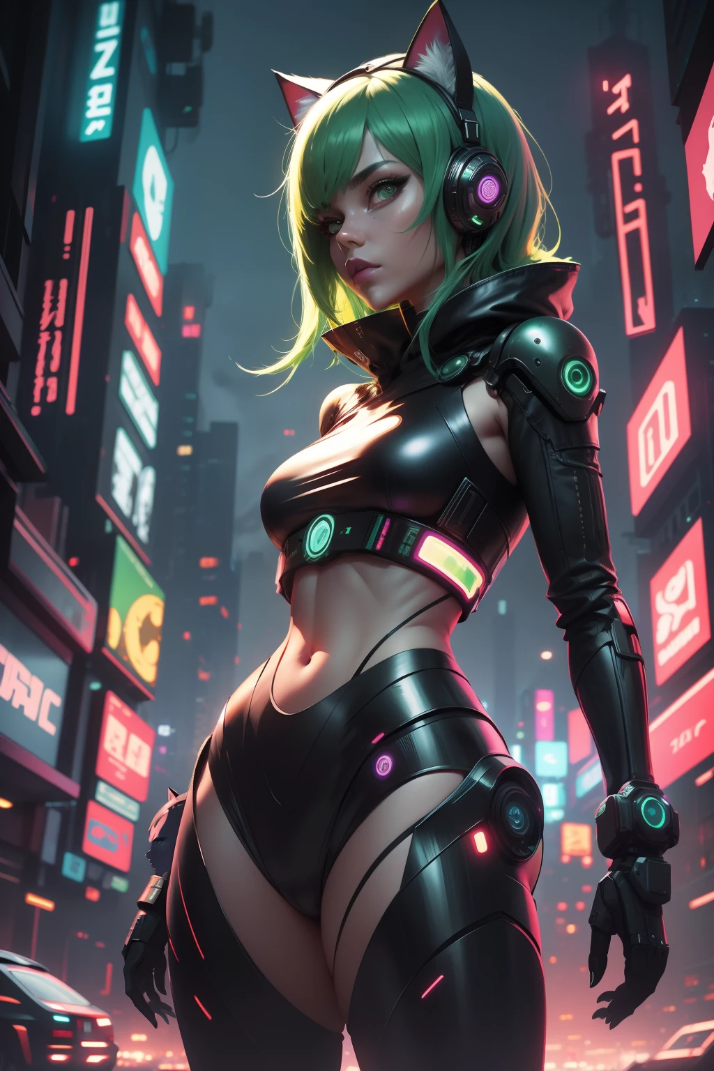 alien god , 1girl a woman with green hair and cat ears robotic, looking at viewer, cyberpunk city at night on background, high contrast, highly detailed, 8k hdr