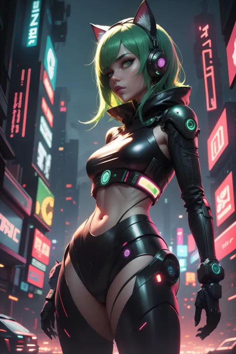 alien god , 1girl a woman with green hair and cat ears robotic, looking at viewer, cyberpunk city at night on background, high c...