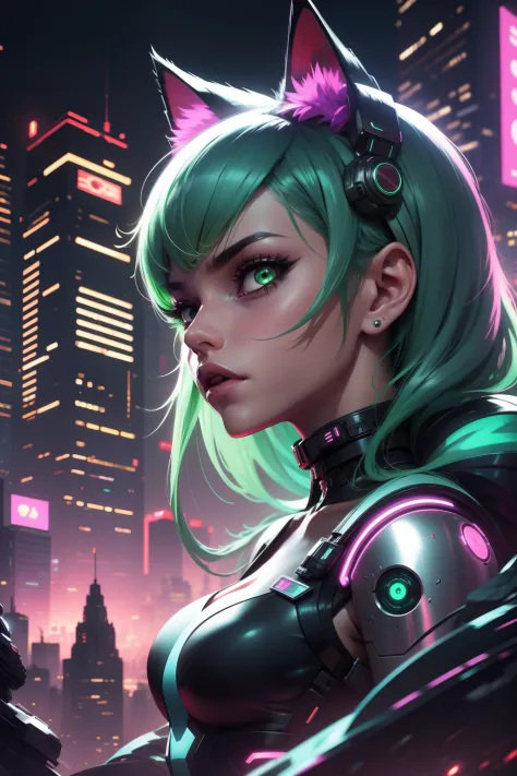 alien god , 1girl a woman with green hair and cat ears robotic, looking at viewer, cyberpunk city at night on background, high c...