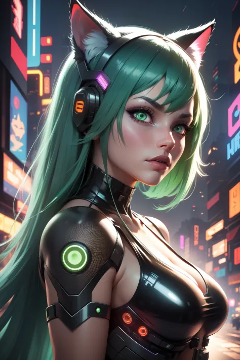 alien god , 1girl a woman with green hair and cat ears robotic, looking at viewer, cyberpunk city at night on background, high c...