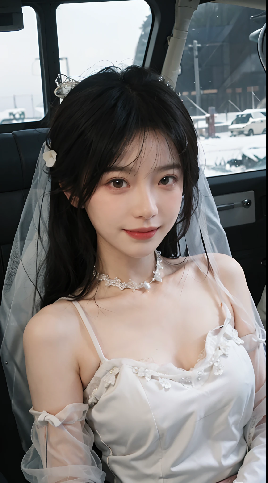 best qualtiy，tmasterpiece，Ultra-high resolution，（realisticlying：1.4），2girls，winking，self-shot，a picture，Large wavy curls，Goose egg face，tiara crown，Enchanted smile，double eyelid，A pair of peach blossom eyes，Lace wedding dress，Pure，choker necklace，adolable，Snow-white translucent skin，head straight-looking at viewer，On a helicopter，Full of atmosphere，hair pin：1.4，（The upper part of the body：1.4），