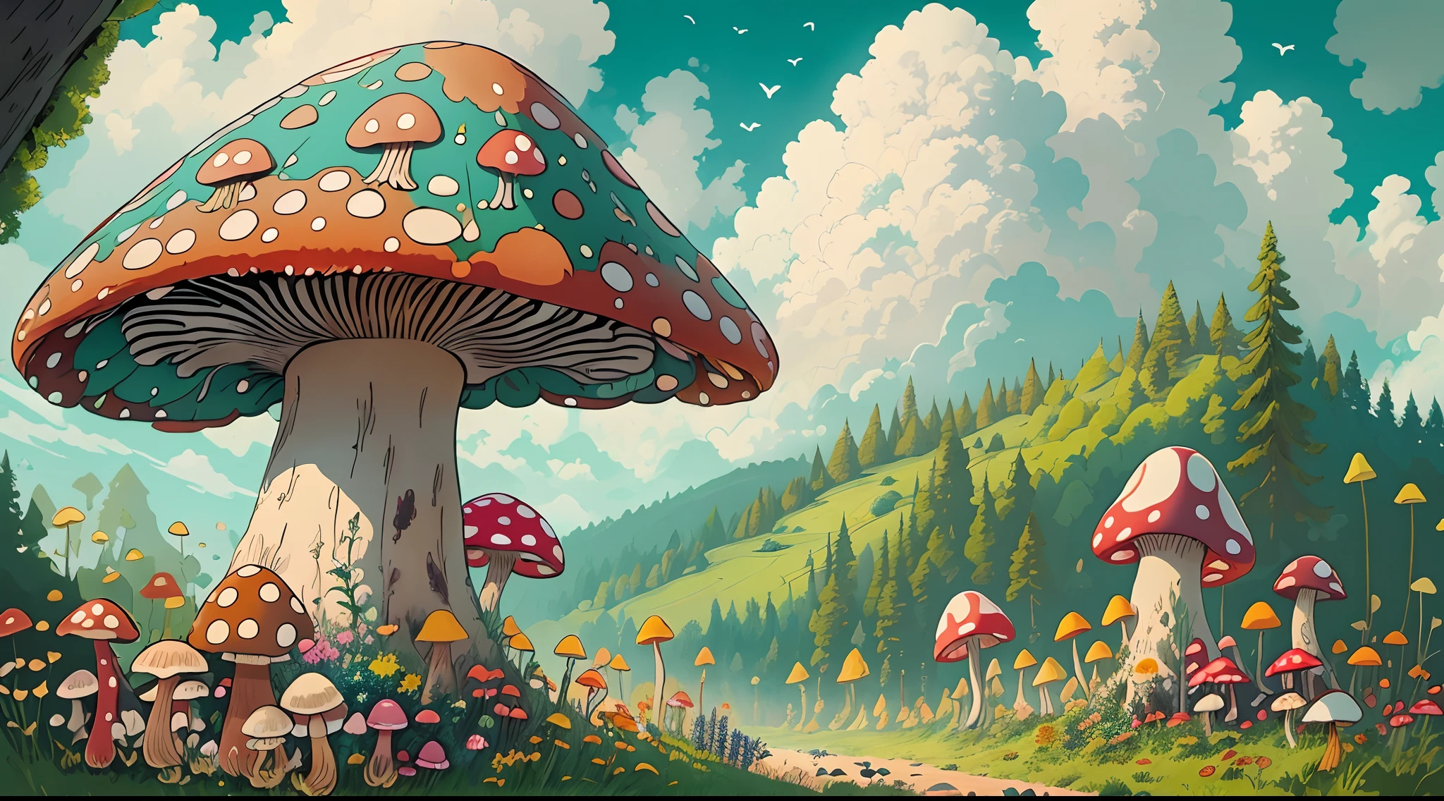 mit einem realistischen、Sei authentisch、schön、Pilze、a large amount of Pilze、der Wald、im Wald、Straße im Wald、Farbe々Colored Pilze、großer Pilz、Riesenpilz、Erstaunliche Landschaft Ölgemälde Studio Ghibli Hayao Miyazaki Blütenwiese mit blauem Himmel und weißen Wolken --v6