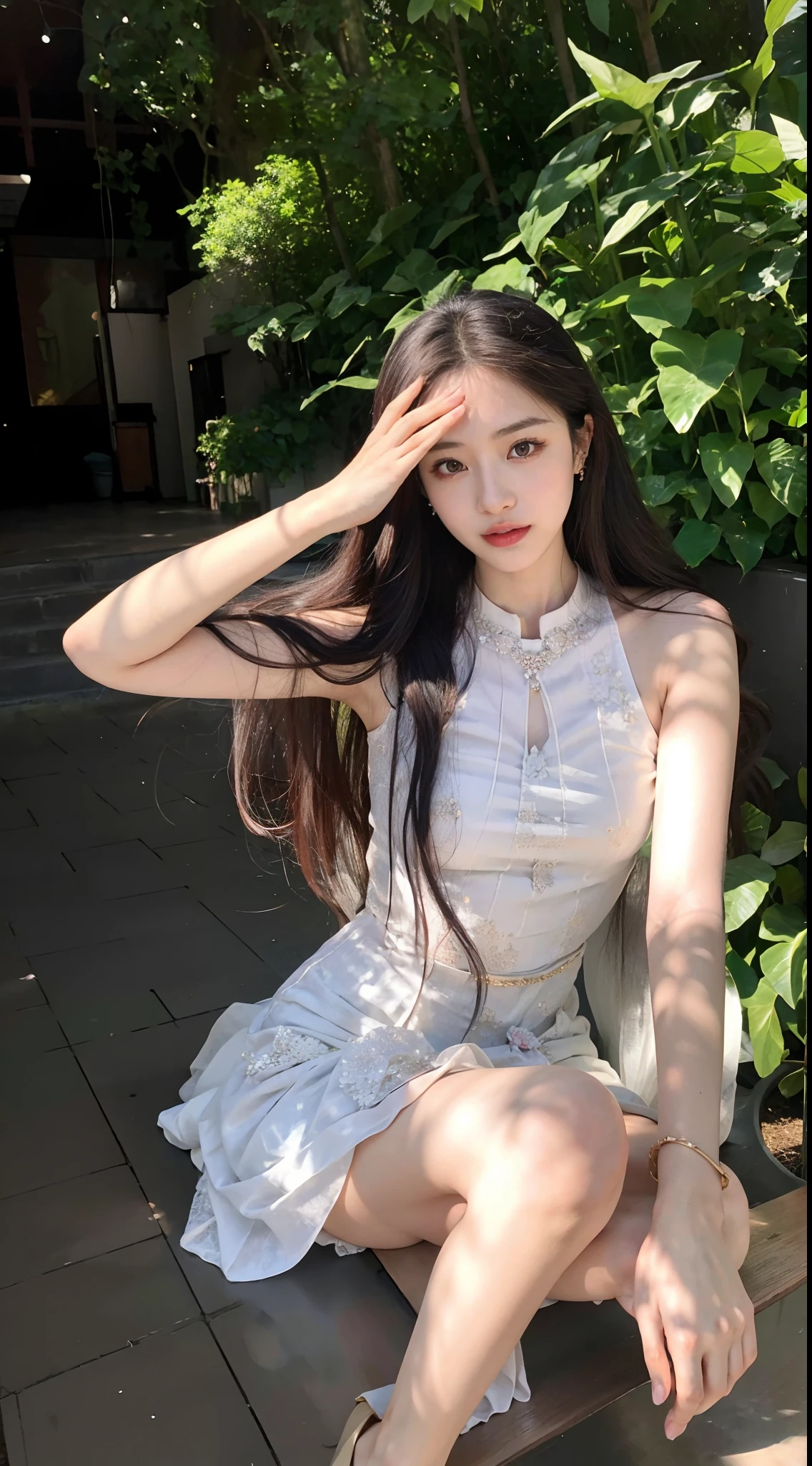 Araki woman sitting on a bench in the garden，There is a flower pot, hot with shining sun, gorgeous chinese models, With long hair, Translucent dress, Asian girl with long hair, a stunning young ethereal figure, Attractive pose, belle delphine, with long hair and piercing eyes, cute elegant pose, loli in dress, long  white hair