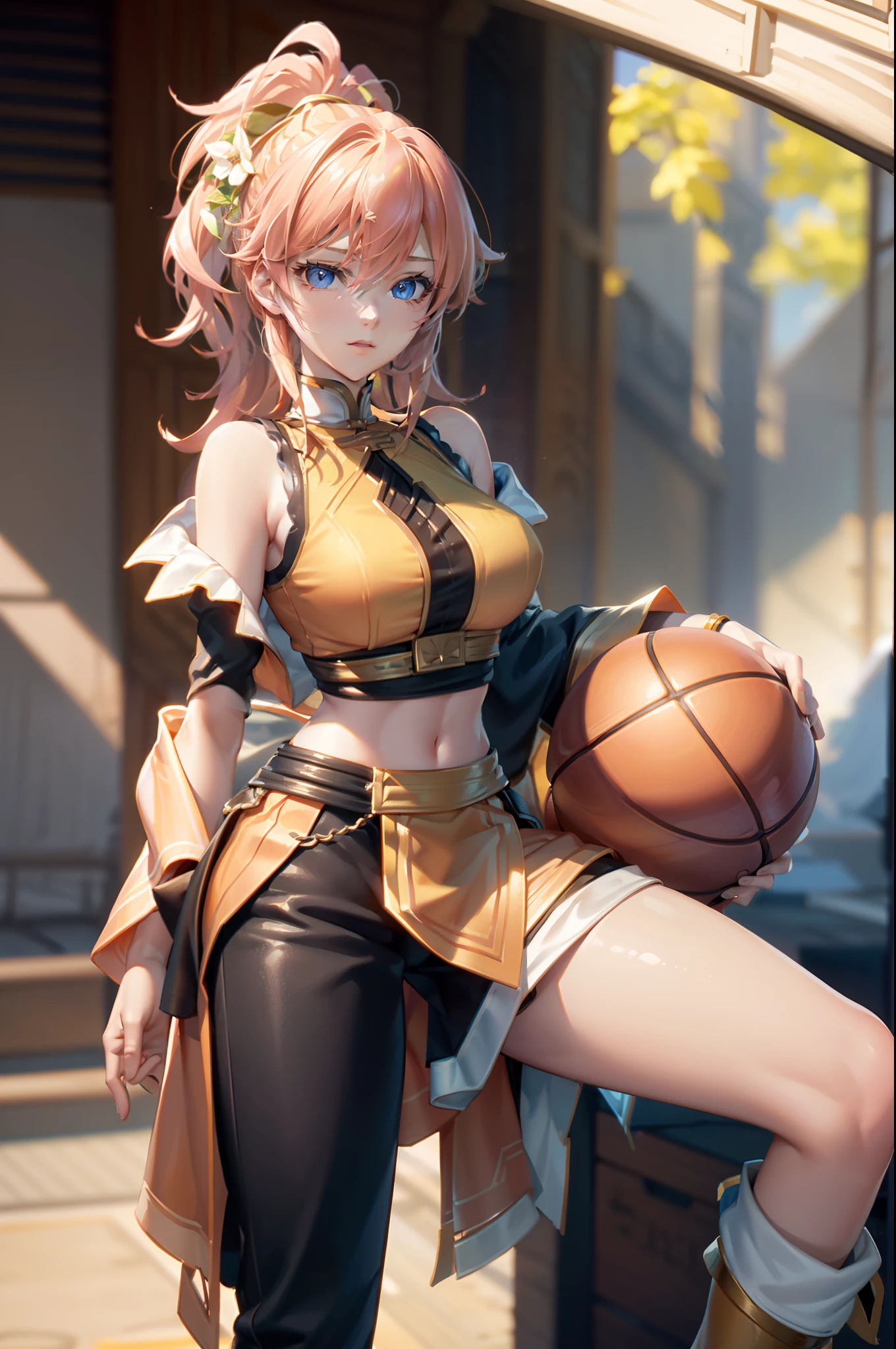 tmasterpiece, Best quality, (Detailed eyes and skin), ((Realistic)), jixiaoman, 1girll,A girl plays basketball,Blonde_Hair, Pink_Hair, Yellow_clothes, black_clothes, Blue_Eyes, Blue_sky, Blurry, Blurry_Background, Blurry_foreground,, mediating_Breasts, Exercise_bblurry,nase，exteriors，photore_\（curly\），A plant，short detailed hair，独奏，