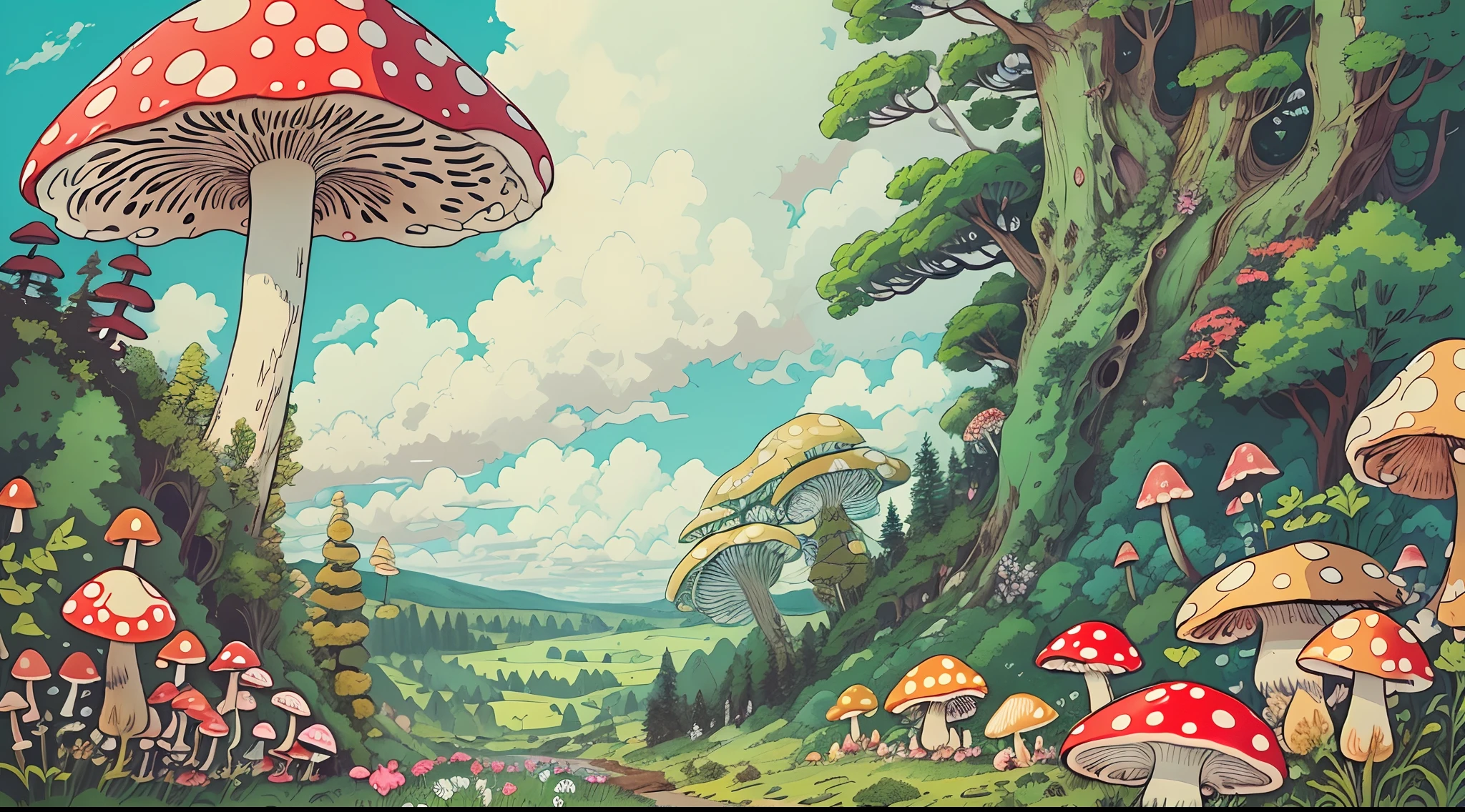 con un realista、Se Auténtico、bellamente、hongos、a large amount of hongos、el bosque、en el bosque、Carretera en el bosque、Color々Coloring hongos、seta grande、hongo gigante、Increíble paisaje pintura al óleo Studio Ghibli Hayao Miyazaki pradera de pétalos con cielo azul y nubes blancas --v6