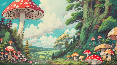 with a realistic、Be authentic、beautifly、mushrooms、a large amount of mushrooms、the woods、in woods、road in forest、Farbe々Coloring m...