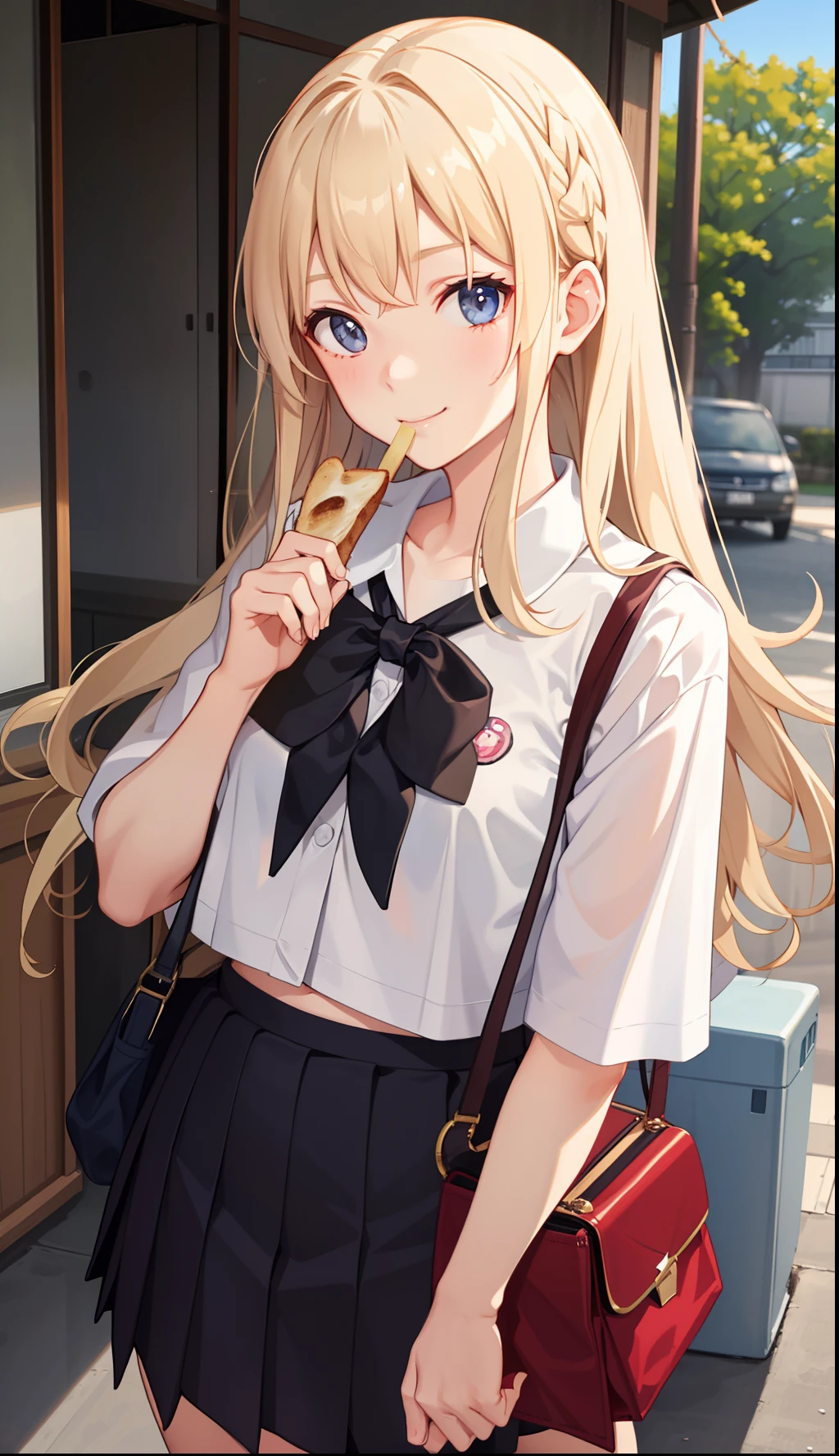 Anime girl with long blonde hair and blue eyes eating a banana - SeaArt AI