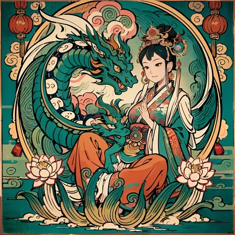 an ancient Chinese goddess, guanyin of the southern seas, Guanyin, Inspired by India, Avalokiteshvara rides a dragon，,Serene exp...