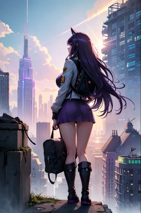 Big breasts, ass, (wolf woman), (long purple hair), from behind, outdoors, bird, ruins, 1girl, sunlight, tower, facing away, lig...