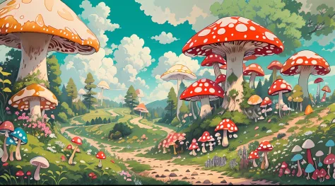 with a realistic、Be authentic、beautifly、mushrooms、a large amount of mushrooms、the woods、in woods、road in forest、Farbe々Coloring m...