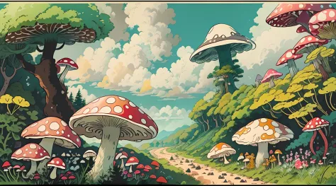 with a realistic、Be authentic、beautifly、mushrooms、a large amount of mushrooms、the woods、in woods、road in forest、Farbe々Coloring m...