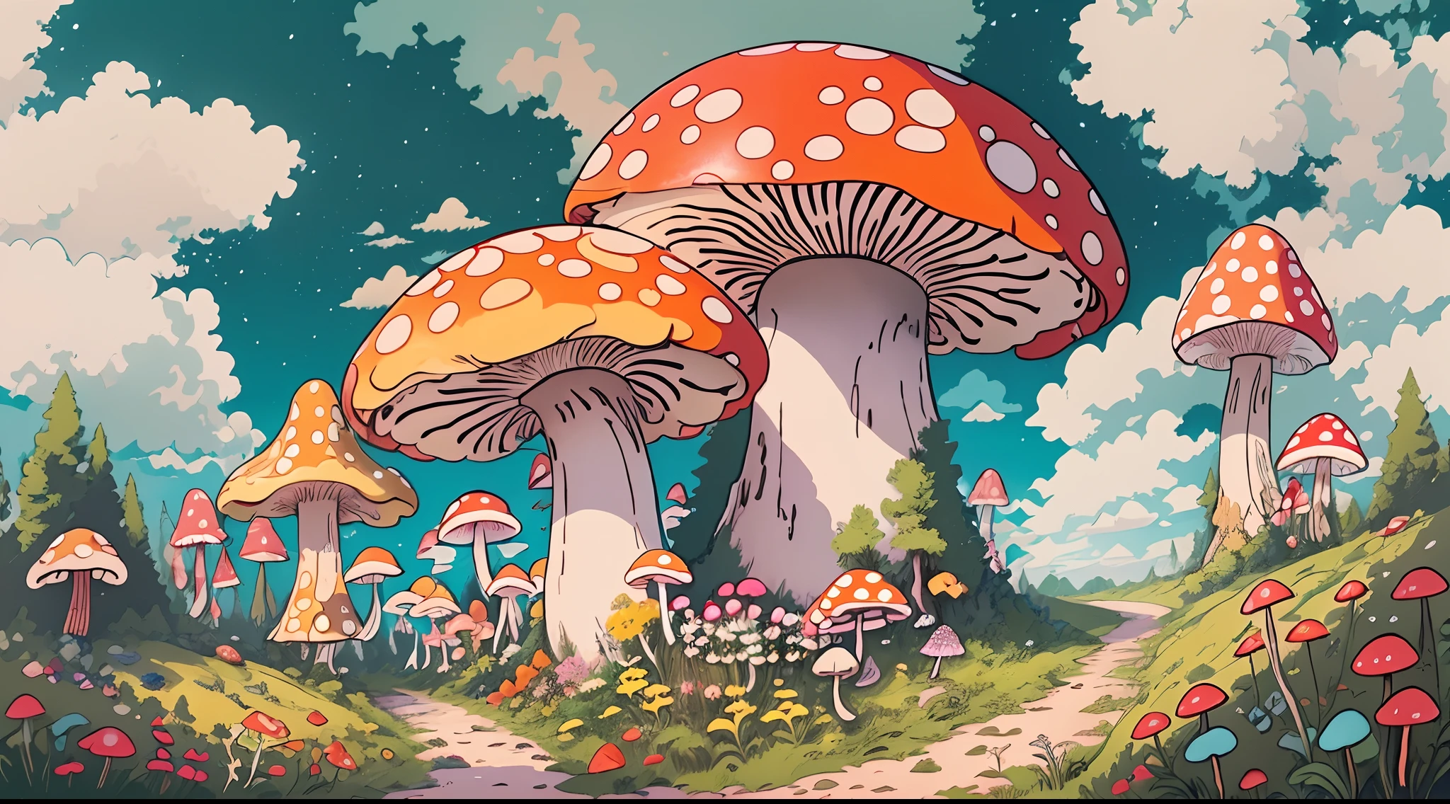 Avec un réalisme、Soyez authentique、magnifiquement、champignons、a large amount of champignons、les bois、dans les bois、route en forêt、Couleur々Coloring champignons、gros champignon、champignon géant、Incroyable peinture à l&#39;huile de paysage Studio Ghibli Hayao Miyazaki prairie de pétales avec ciel bleu et nuages blancs - v6