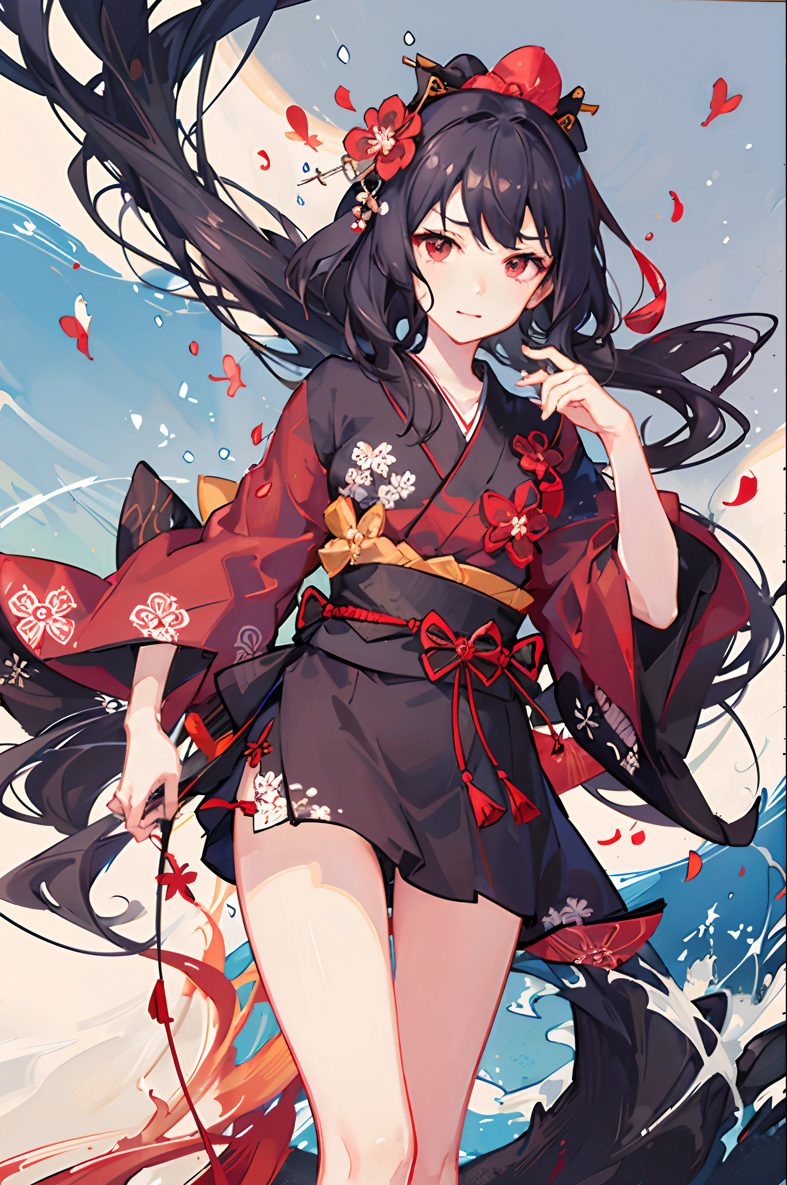 {{{Ukiyo-e_style}}},{{flat_style}},{simple_colors},{{{masterpiece}}},{katsushika_hokusai},long_hair,hair_flower,{{black_hair}},red_eyes,red_sky,{chinoiserie},{{{best_quality}}},kimono,{{ultra-detailed}},{illustration},Maple_leaves_flying,{{1girl}},{{{solo}}},{{an_extremely_delicate_and_beautiful}},blank_stare,close_to_viewer,{breeze},{Flying_splashes},{Flying_petals},wind,{Gorgeous and rich graphics}