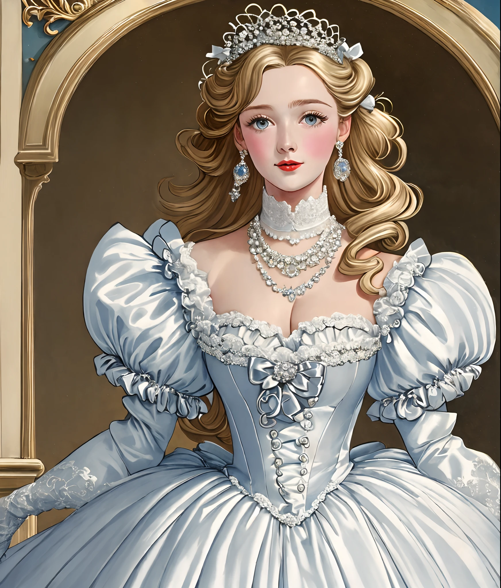 John Tenniel art, serious Greer Grammer wearing a stately and (((elaborate))) Royal Cinderella ballgown of white satin and tulle adorned with large satin poufs, (((huge ribbon bows))), roses, lace, frills, flounces, silver embroidery, silver braid, and jewels, with (((enormous puffed sleeves))), a very stiff padded and whaleboned bodice, and a (((voluminous crinoline hoopskirt))), (((bustle))) and long train, long white gloves, pearl and diamond necklace and earrings, elaborately curled and styled hair