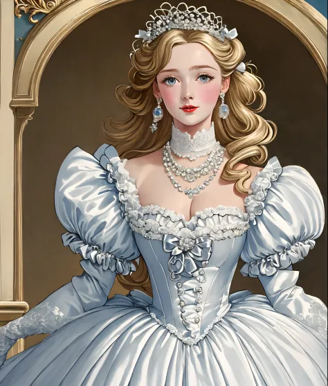 John Tenniel art, serious Greer Grammer wearing a stately and (((elaborate))) Royal Cinderella ballgown of white satin and tulle...
