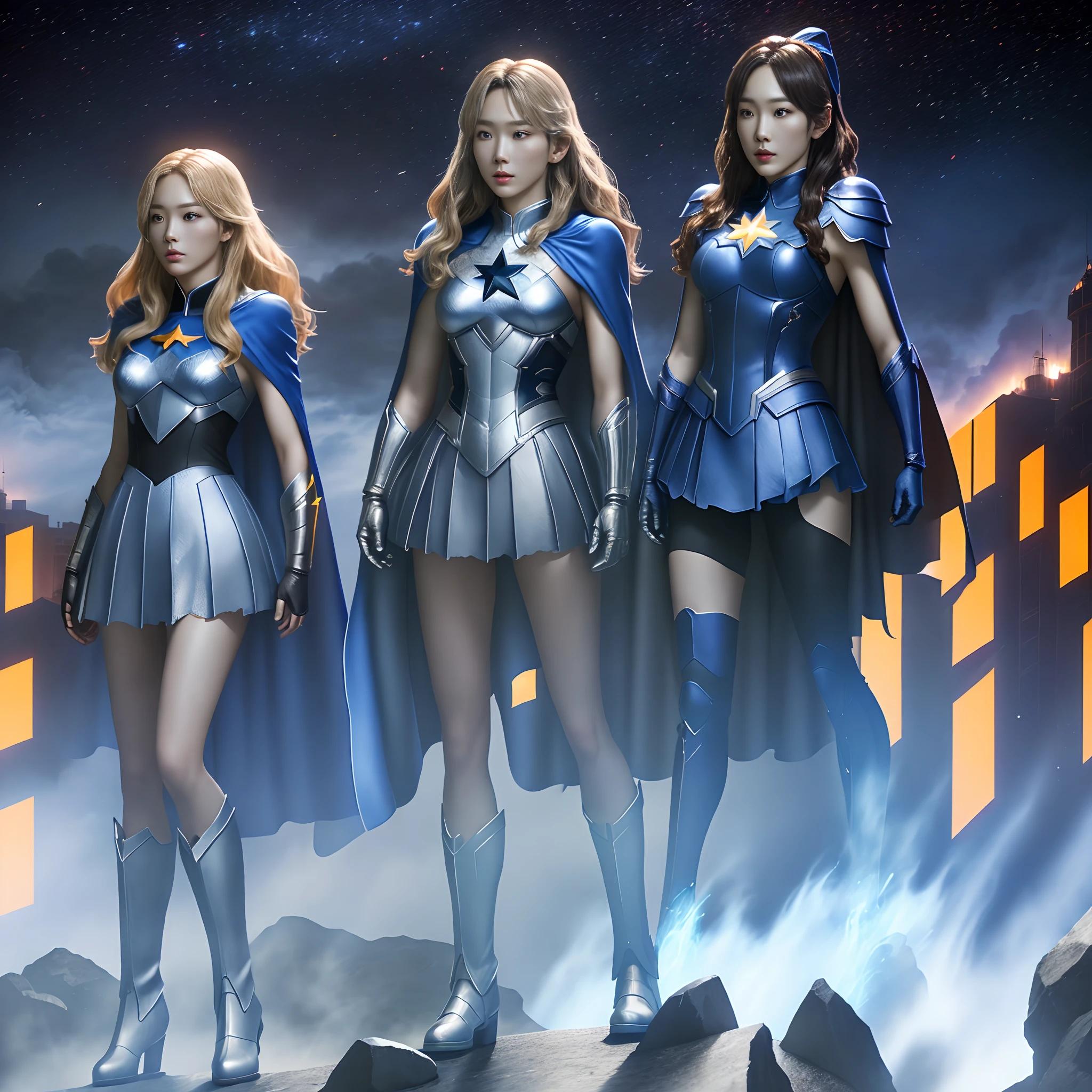 High quality superhero CG makeover，Kim Tae-yeon wears a star suit and cape，Blue boots and gloves，countenance。The whole scene is full of national flag colors。 Super power CG special effects full body shooting