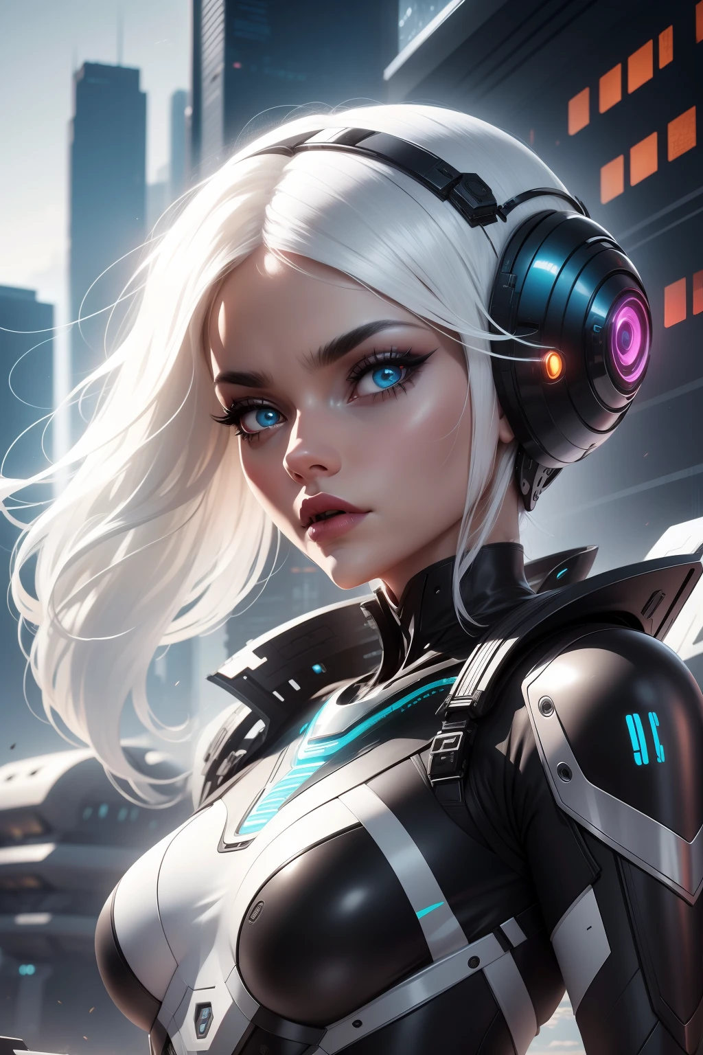 deus alienígena , 1girl uma mulher com cabelo branco e uma roupa preta robótica, olhando para o espectador, edifícios futuristas no fundo, Alto contraste, altamente detalhado, 8k hdr