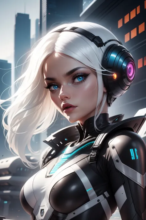 alien god , 1girl a woman with white hair and a black outfit robotic, looking at viewer, futuristic buildings on background, hig...