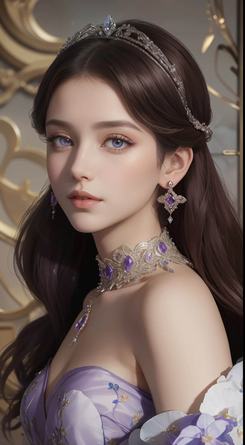 杰作，最高图像质量，美丽的皇家少女半身像，精致的栗色发型，黑紫色的眼眸清澈见底，精致的工艺珠宝，点缀着花朵，珠宝耳环，超级细节。