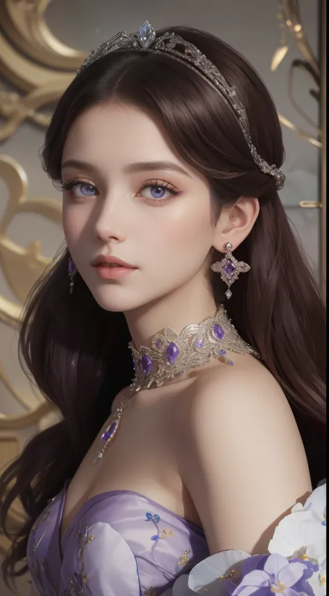 tmasterpiece，Highest image quality，Bust of a beautiful royal maiden，Delicate chestnut hairstyle，The black-purple eyes are crystal clear，Delicate craftsmanship jewelry embellished with flowers，Jewelry earrings，super detailing。