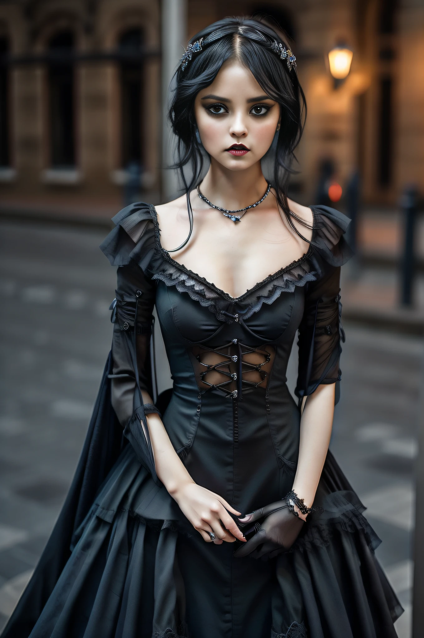 Gothic girl,Serious dark Gothic style costume， with short black hair, wide blue eyes，Tender lips,Mature and steady，Full and elegant，Elegant and dignified，Staring straight ahead，Beautiful face。Coordination of the five senses，Slim，Aggressiveness，Strong， Full body photo，Street at night