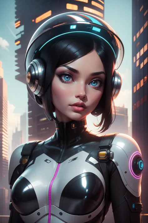 alien god , 1girl a woman with a futuristic face and ear robotic, retro buildings on background, high contrast, highly detailed,...