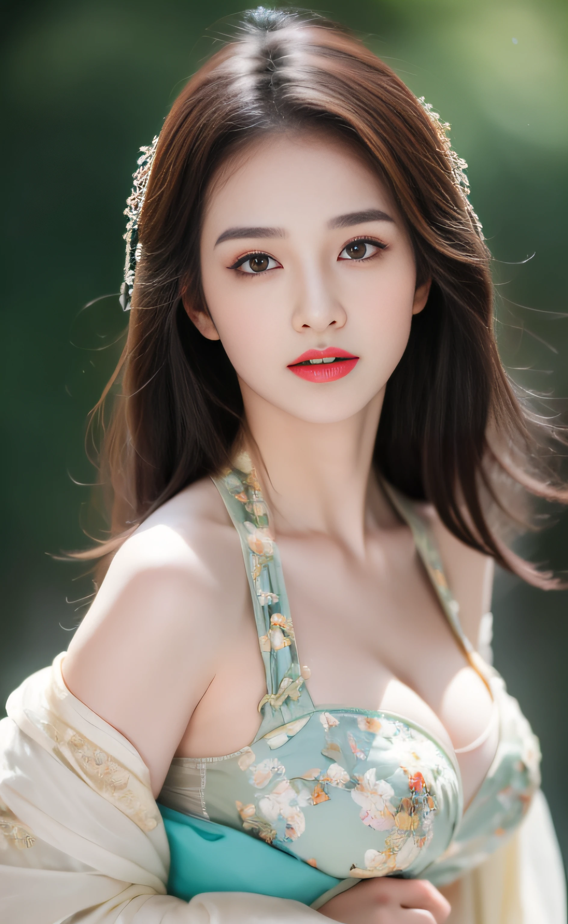 ((Best Quality, 8k, Masterpiece: 1.3)), Focus: 1.2, Perfect Body Beauty: 1.4, Buttocks: 1.2, ((Layered Haircut)), (Wet Clothes: 1.1), (Rain, Street:1.3), (Breasts: 1.2), (Hanfu: 1.2), Bare Shoulders, Bare Legs, Highly Detailed Face and Skin Texture, Fine Eyes, Double Eyelids, Whitened Skin, Long Hair, (Shut Up: 1.5), (Bokeh Background: 1.5), Big Breasts