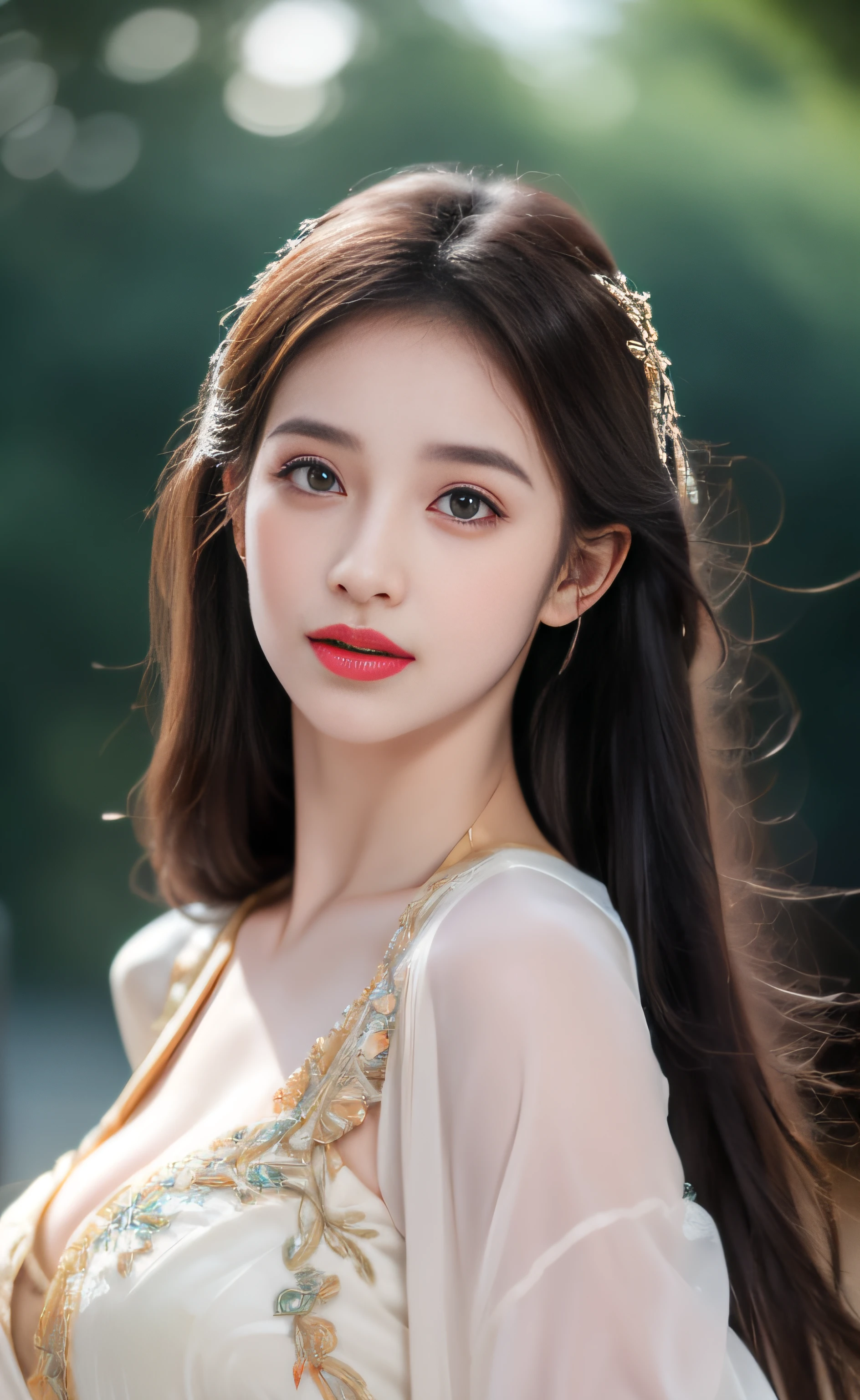 ((Best Quality, 8k, Masterpiece: 1.3)), Focus: 1.2, Perfect Body Beauty: 1.4, Buttocks: 1.2, ((Layered Haircut)), (Wet Clothes: 1.1), (Rain, Street:1.3), (Breasts: 1.2), (Hanfu: 1.2), Bare Shoulders, Bare Legs, Highly Detailed Face and Skin Texture, Fine Eyes, Double Eyelids, Whitened Skin, Long Hair, (Shut Up: 1.5), (Bokeh Background: 1.5), Big Breasts