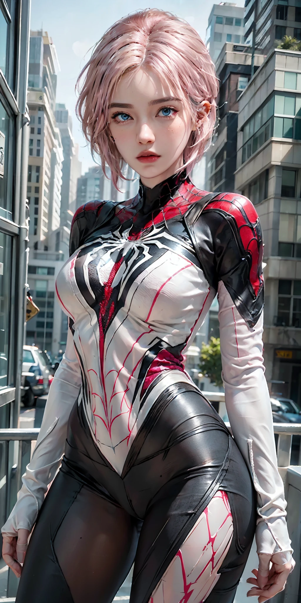 photorealistic, high resolution, soft light,1women, solo, hips up, (detailed face),tattoo, jewelry, Gwen Stacy, Spider Gwen suit, tights, superheroes, (full body photo), ((Spider-man pose)), (dynamic pose tights, superhero, (blonde and pink hair), (blue eyes), animation, eyebrow piercing (side cut: 1.3), (asymmetrical_hair: 1.3), (one side of shaved head: 1.3)