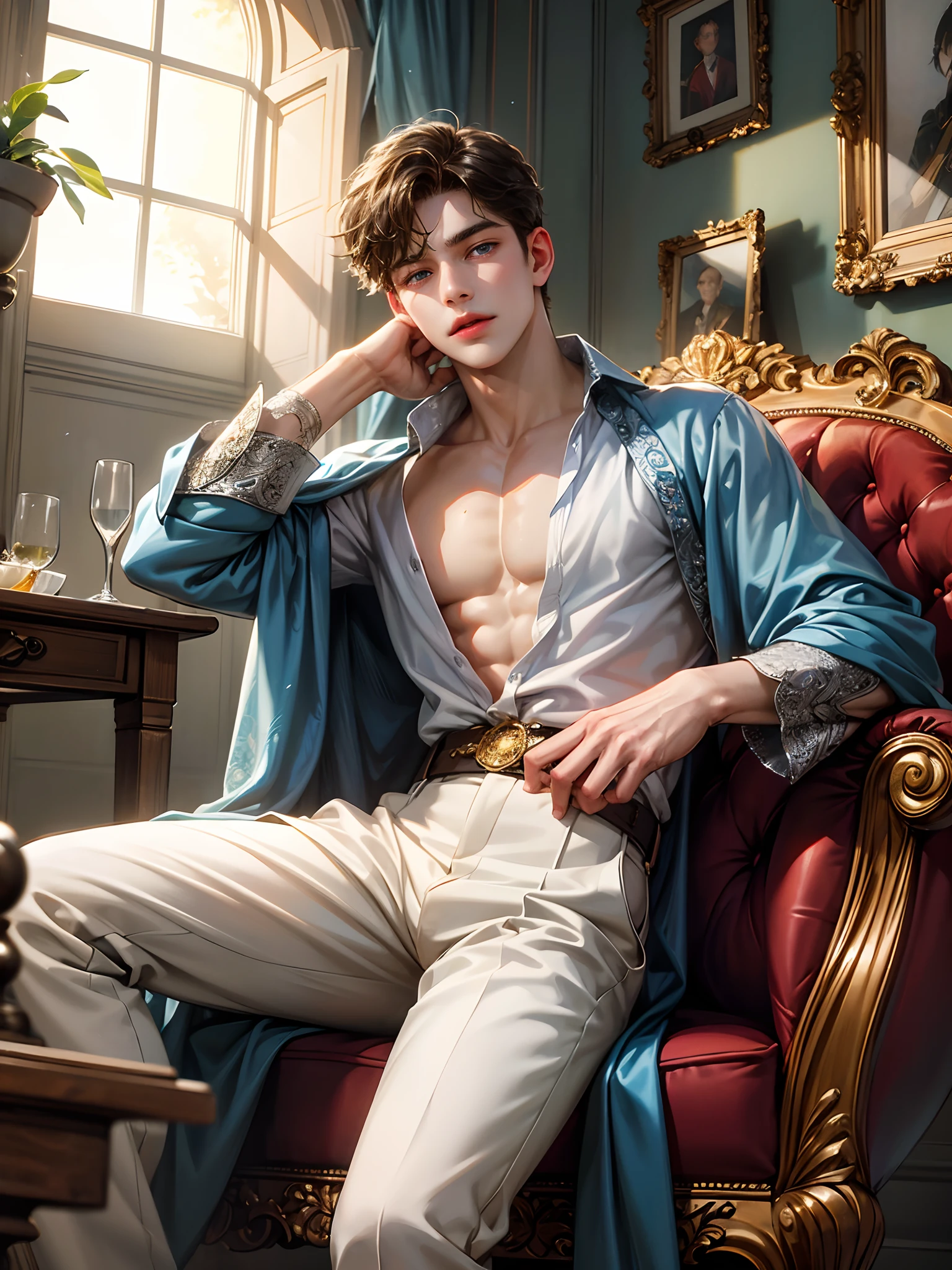 (absurdres, highres, ultra detailed, HDR), masterpiece, best quality, portrait of a boy, handsome boy with blue eyes, detailed face,  in a town, young built body, handsome adventurer, professional photo, rpg style man detailed torso, sitting comfortably while legs spread, (puffy(from below:1.1)), eyes on viewer,young boy 18 years old, handsome boy, detailed background, masterpiece art