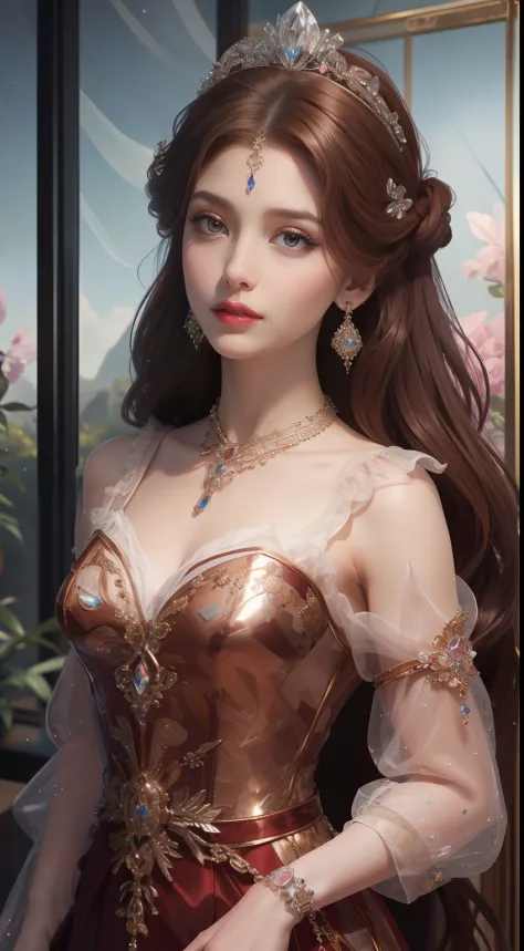 tmasterpiece，Highest image quality，A bust of a beautiful royal maiden，Delicate reddish-brown hairstyle，Black eyes are crystal clear，Exquisite craft jewelry，Decorate with flowers，Exaggerated jewelry earrings，super detailing。