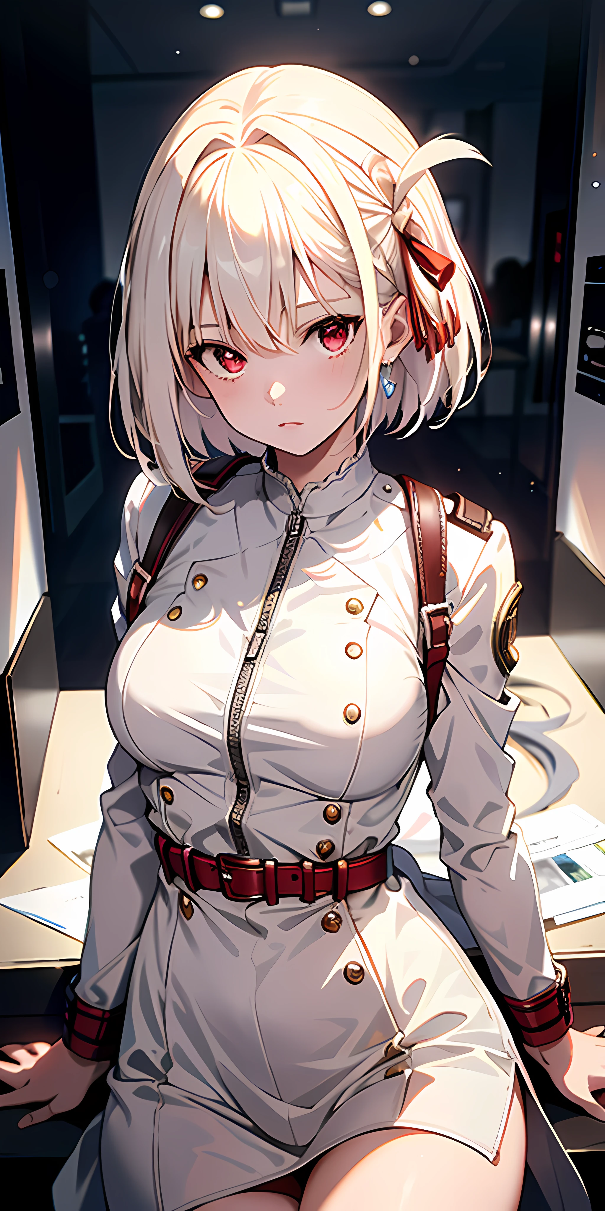 Absurd resolution, high resolution, (masterpiece: 1.4), super detailed, girl alone, from above, space, floating, platinum blonde, medium hair, red eyes