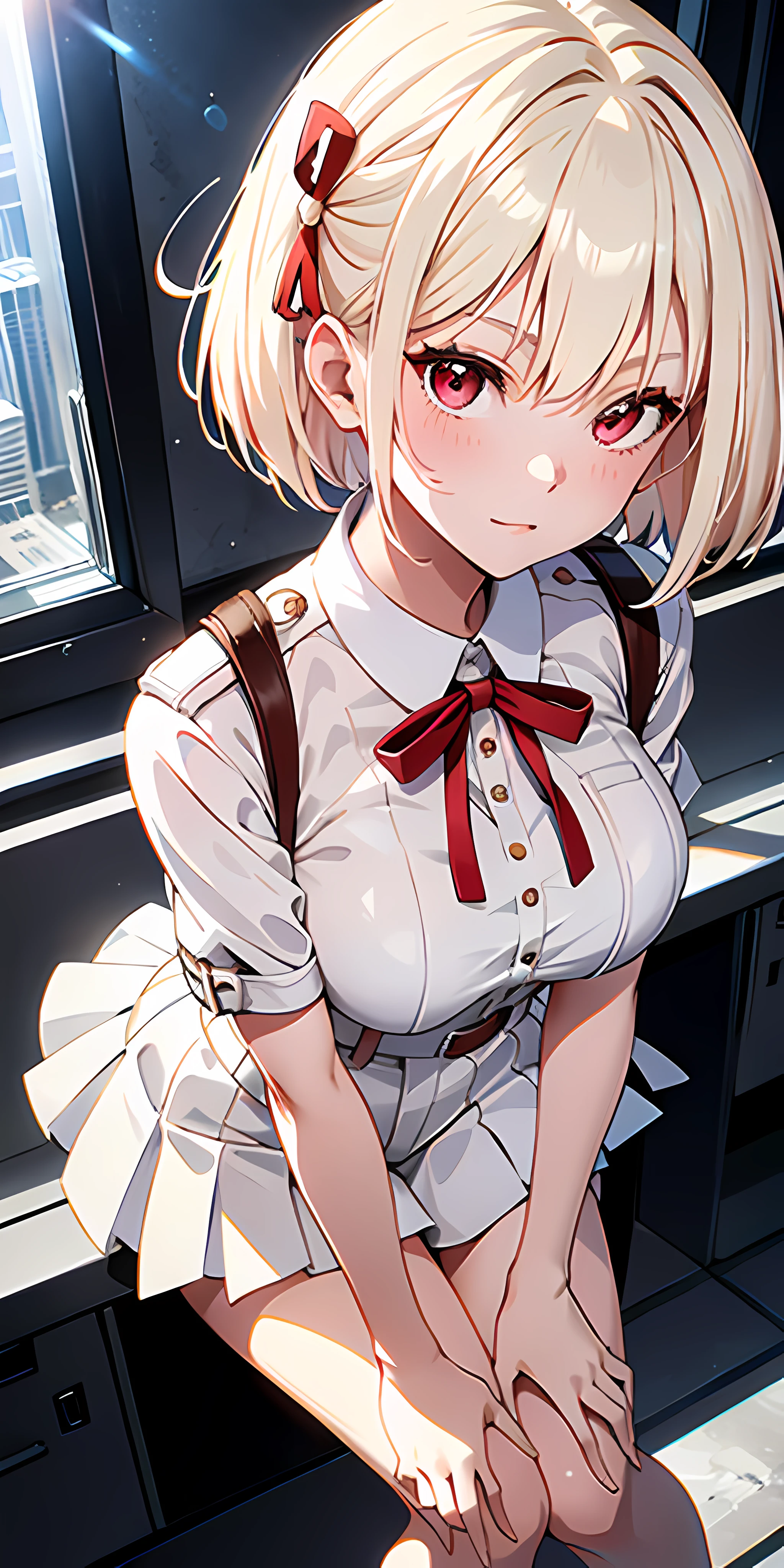 Absurd resolution, high resolution, (masterpiece: 1.4), super detailed, girl alone, from above, space, floating, platinum blonde, medium hair, red eyes