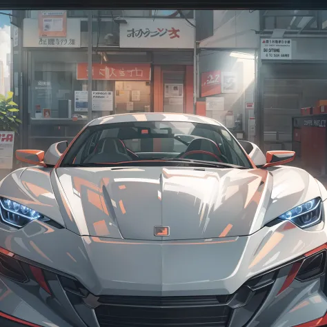 sports car, close up, showroom, front view, camera pointing at hood, anime