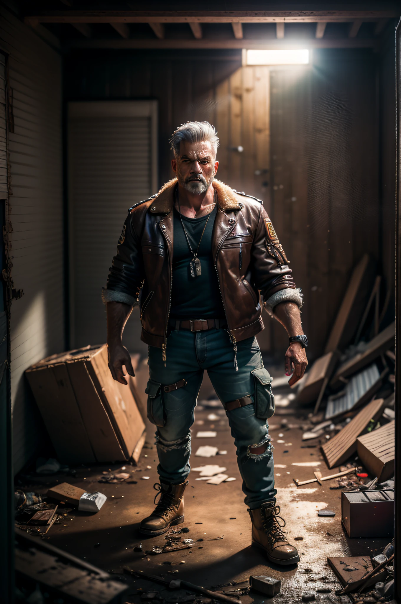 8k, realistic, vray, HDR, 1man, extremely strong, very well detailed old beat up leather jacket, cargo pants, military boots, scar marks, skin texture, stubble, standing in an abandoned shed totally destroyed and full of garbage and remains of equipment, light beam from the sun passing through the gaps, high quality image, apocalyptic and extremely detailed image
