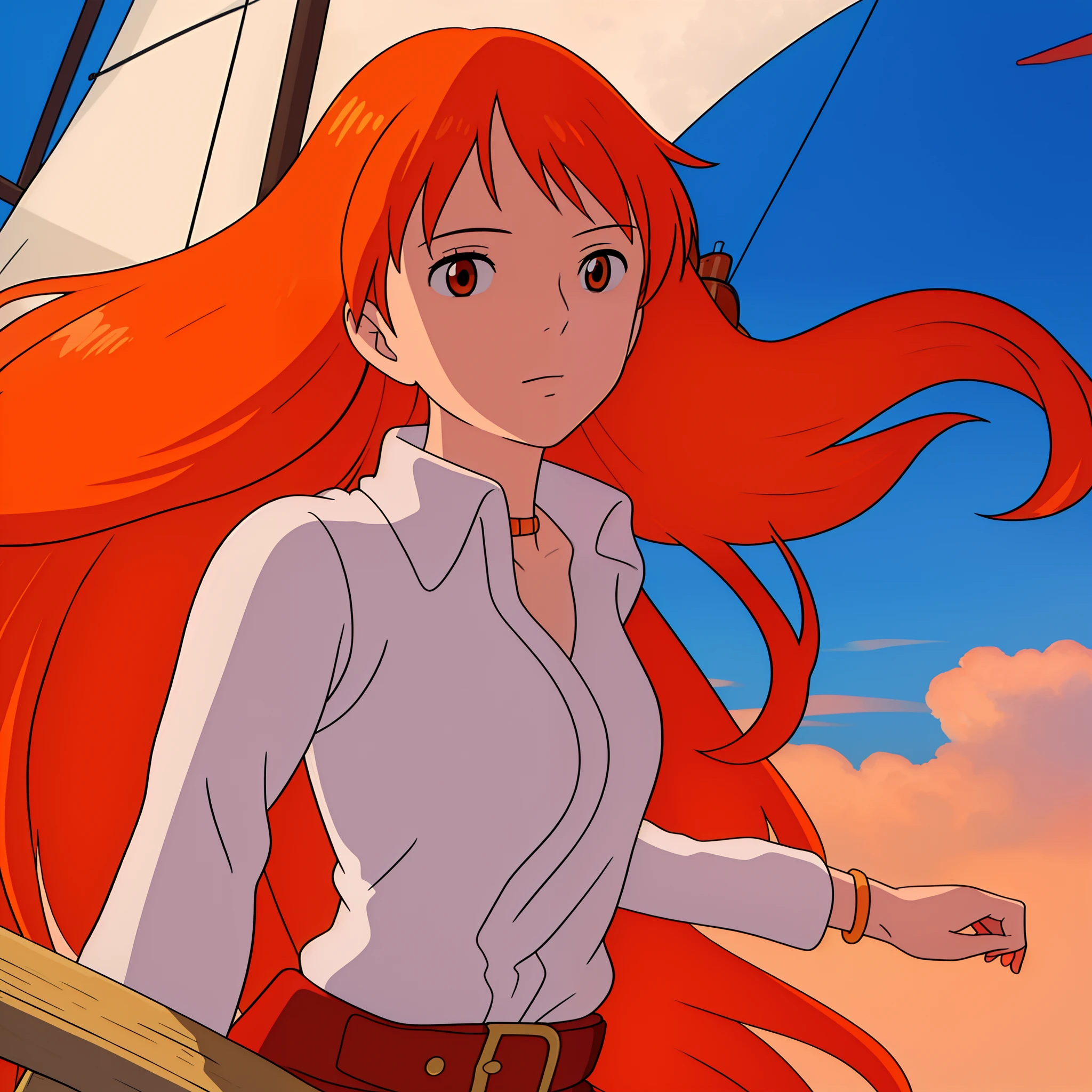 ((best quality)), ((masterpiece)), ((detailed background)), ((high quality illustration)), 1girl, wanostyle, nami 1800, long silky orange hair, high nose, sharp eyes, upper body, noble, inviolable temperament, (([female]: 1.2 + [beauty]: 1.2 + orange long hair: 1.2)), pirate ship background, blue sky, clouds, bracelets, white long sleeve, mini dress, donned another belt, bright eyes, miyazaki hayao