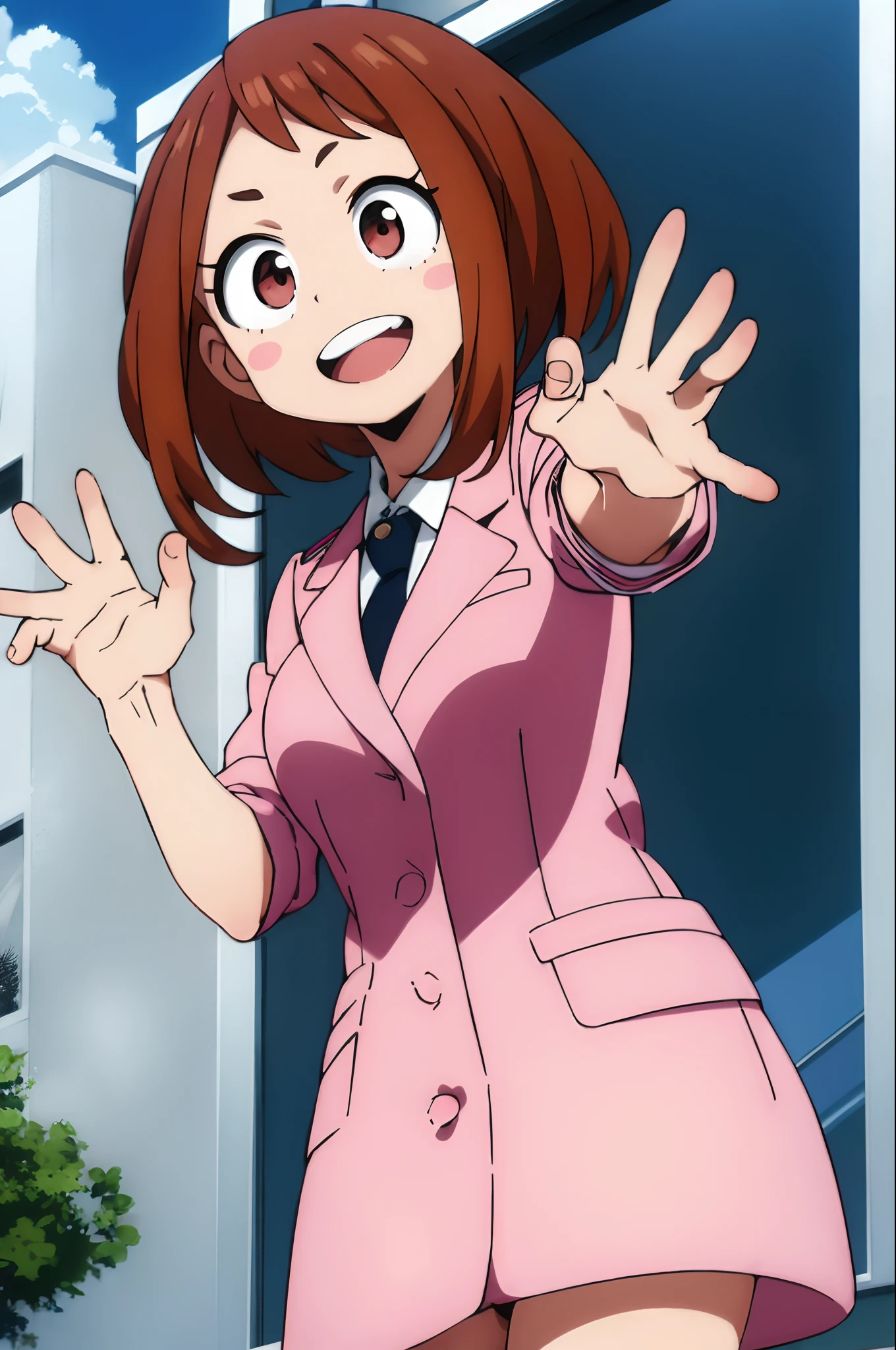 ochaco_uraraka, 1 chica, solo, traje de falda rosa, corbata, rubor_Pegatinas, falda lápiz rosa, abierto_boca, mirando_en_espectador, sonrisa, chaqueta, cielo, día, nube, chaqueta rosa, :d, largo_mangas, dientes, camisa, blue_cielo, árbol, Al aire libre, blanco_camisa, rubor, ondulación, arribaper_dientes_solo, ventana, vaquero_disparo, de pie, nubey_cielo, manos_arriba