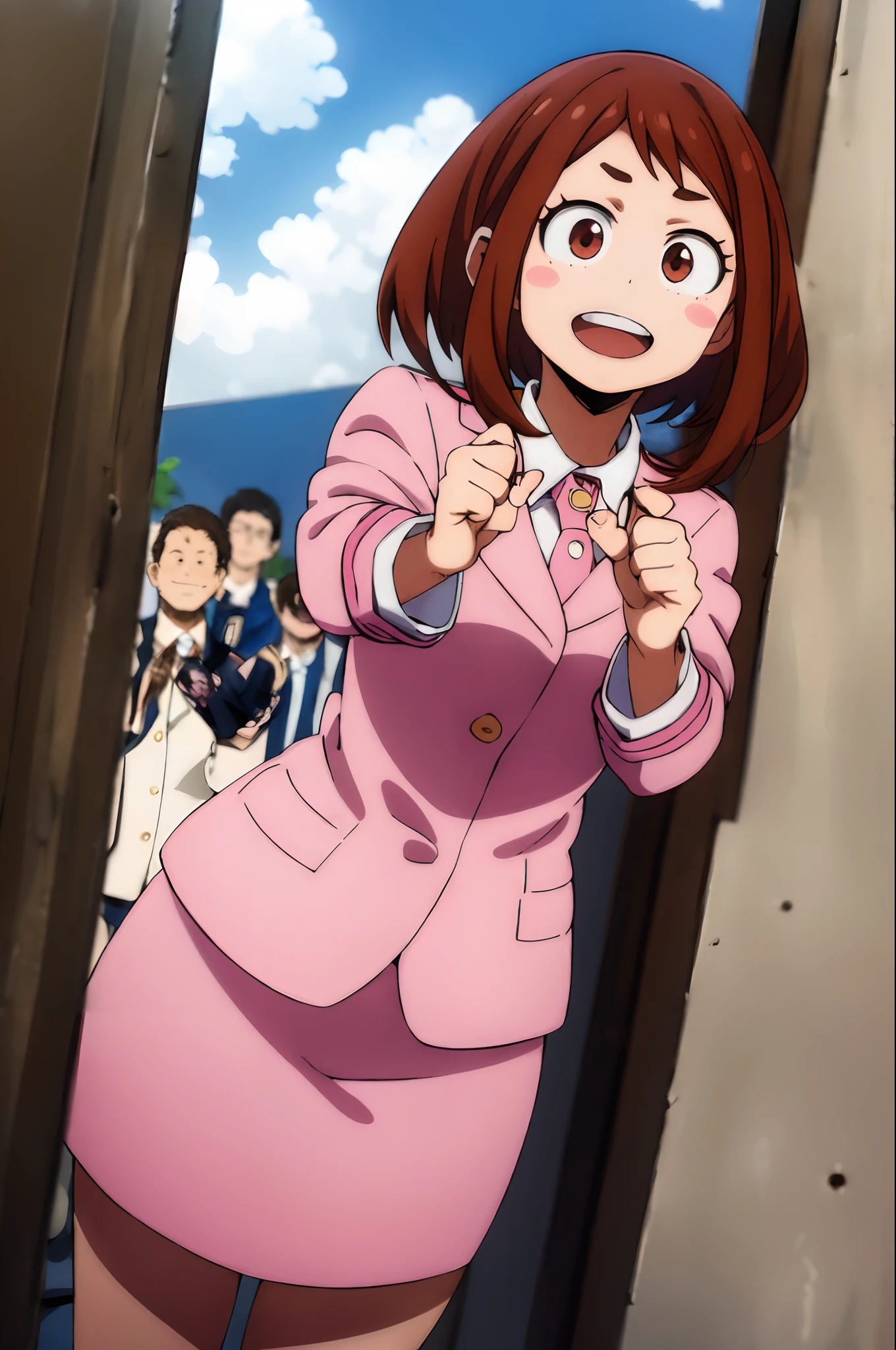 ochaco_uraraka, 1girl, solo, pink skirt suit, necktie, blush_stickers, pink pencil skirt, open_mouth, looking_at_viewer, smile, jacket, sky, day, cloud, pink blazer, :d, long_sleeves, teeth, shirt, blue_sky, tree, outdoors, white_shirt, blush, waving, upper_teeth_only, window, cowboy_shot, standing, cloudy_sky, hands_up, full_body, high_heels