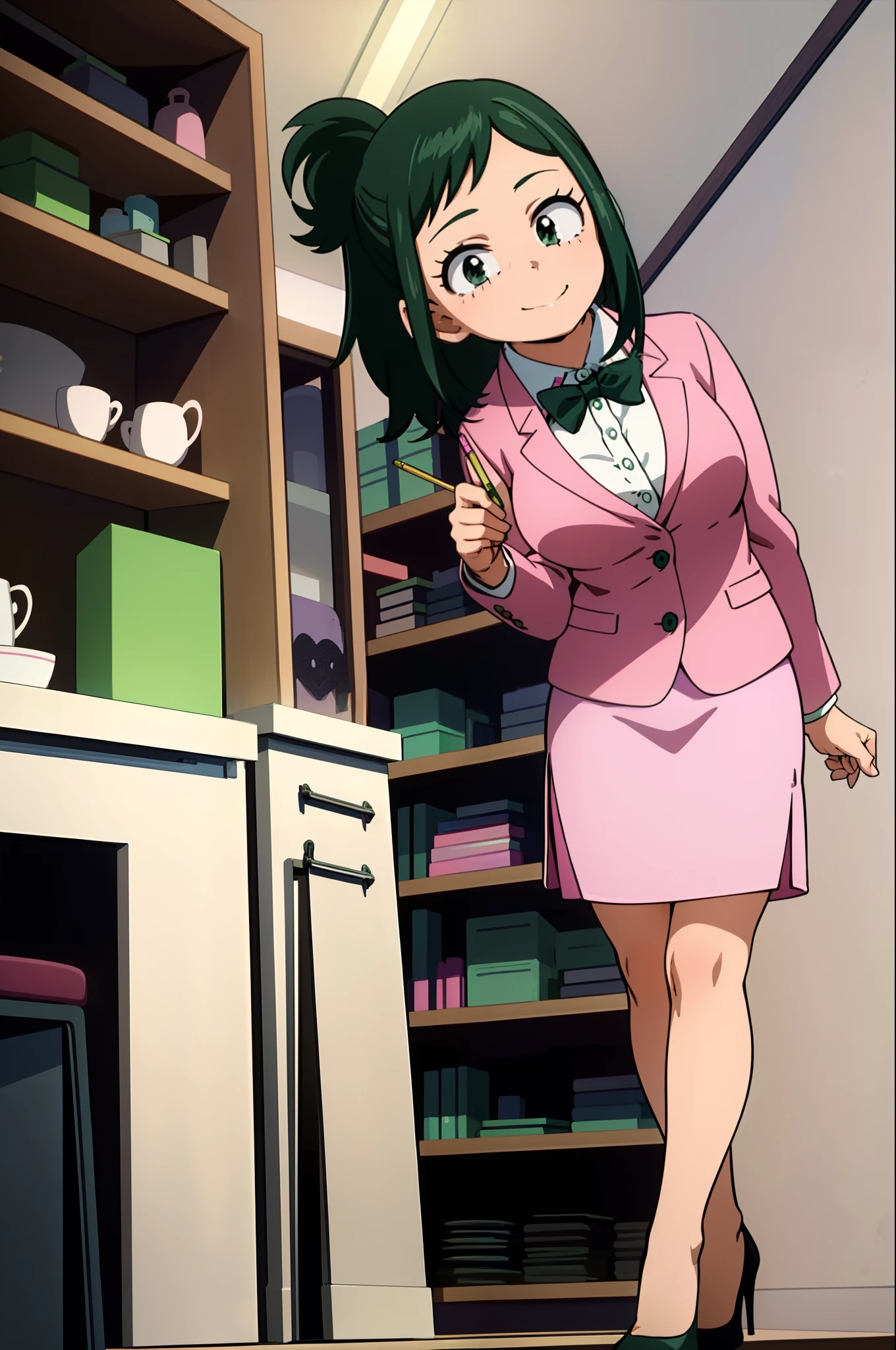 best quality, masterpiece, portrait, 
1girl, midoriya inko, green hair, short hair, short ponytail, green eyes, large breasts, pink skirt suit, pink blazer, pink pencil skirt, black high heels, indoors, office, looking at viewer, smile, full body