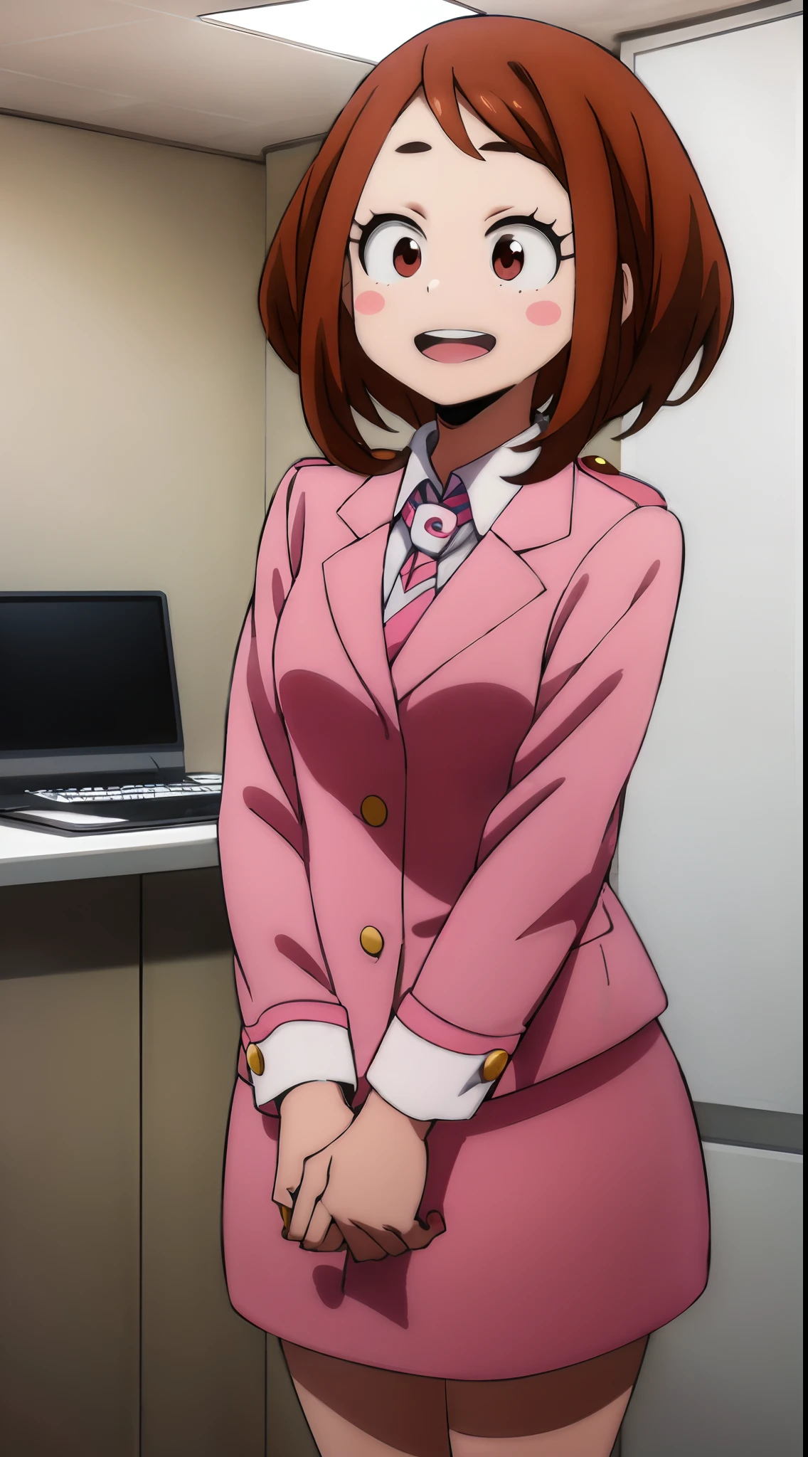 ochaco_uraraka, 1 chica, solo, traje de falda rosa, corbata, rubor_Pegatinas, falda lápiz rosa, abierto_boca, mirando_en_espectador, sonrisa, chaqueta rosa, :d, largo_mangas, dientes, camisa, blanco_camisa, rubor, vaquero_disparo, de pie, adentro, oficina, lleno_cuerpo, alto_tacones