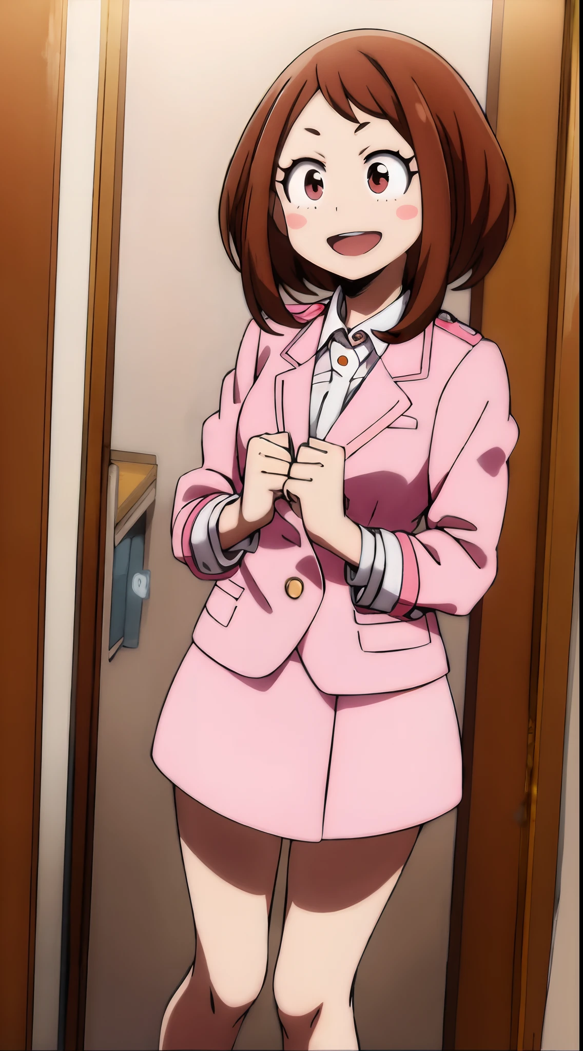 ochaco_uraraka, 1girl, solo, pink skirt suit, necktie, blush_stickers, pink pencil skirt, open_mouth, looking_at_viewer, smile, pink blazer, :d, long_sleeves, teeth, shirt, white_shirt, blush, cowboy_shot, standing, indoors, office, full_body, high_heels